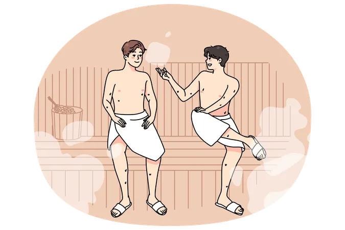 Happy male friends relax in sauna together  Illustration