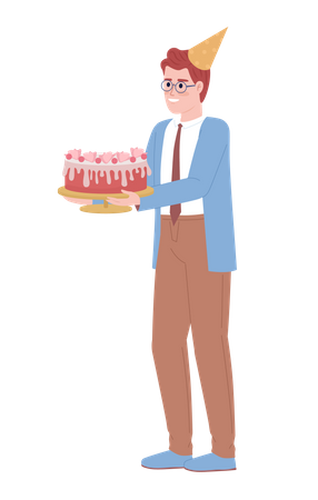 Happy male office worker holding birthday cake  Illustration