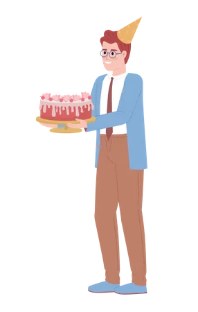 Happy Male Office Worker Holding Birthday Cake Semi Flat Color Vector Character Editable Figure Full Body Person On White Simple Cartoon Style Spot Illustration For Web Graphic Design And Animation Illustration