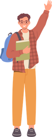 Happy male student in casual clothing with book and backpack  Illustration