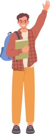 Happy male student in casual clothing with book and backpack  Illustration