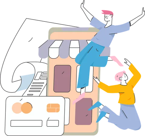 Happy Man and and girl doing shopping payment using credit card  Illustration