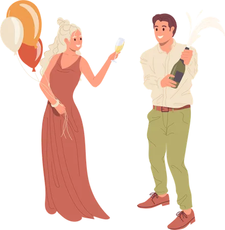 Happy man and woman celebrating wedding party together  Illustration