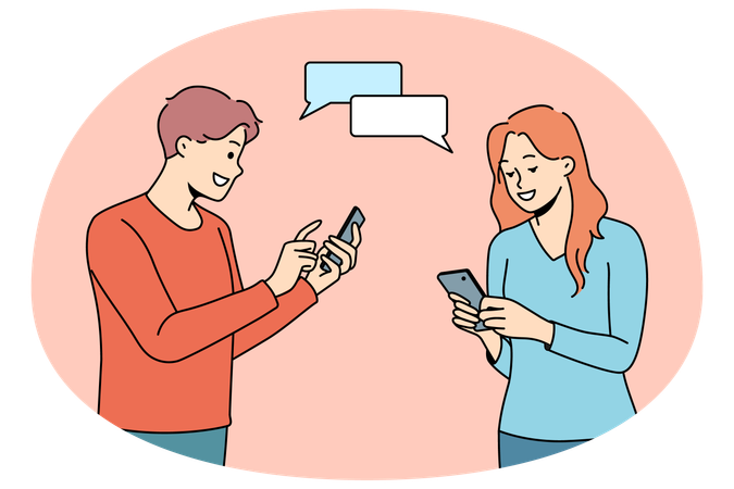 Happy man and woman chatting texting online on smartphones  Illustration