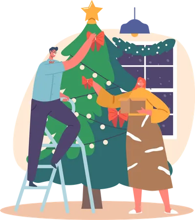 Happy Man and Woman Decorating Christmas Tree Illustration