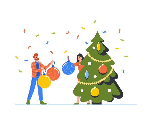 Happy Man And Woman Decorating Christmas Tree Put Balls On Branche  Illustration
