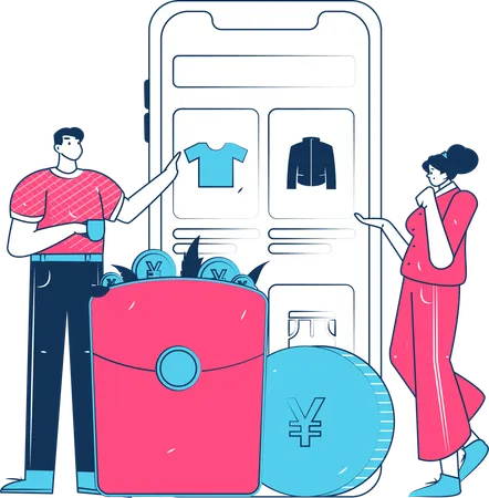 Happy Man And Woman Doing Shopping  Illustration