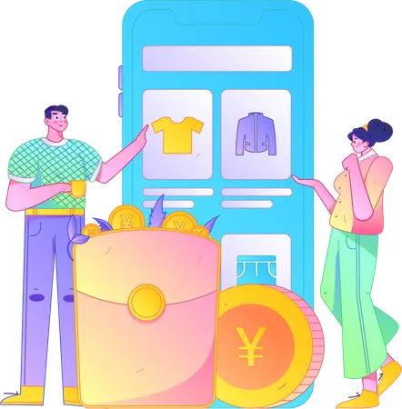 Happy man and woman doing shopping  Illustration