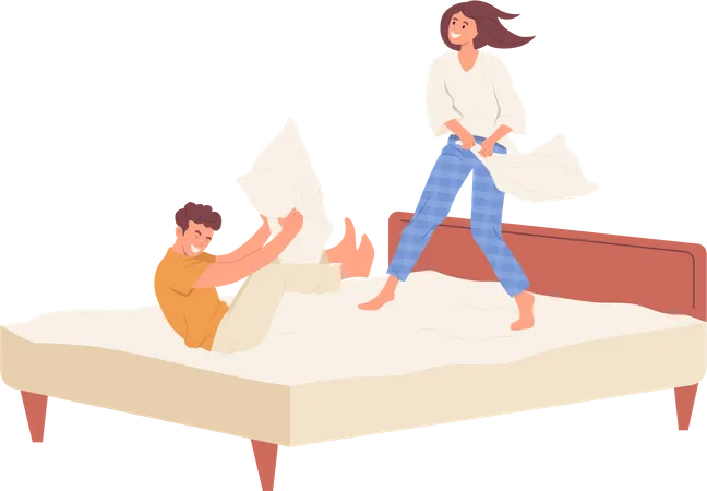Happy man and woman fighting pillows on bed  Illustration