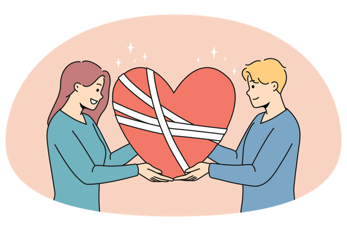 Happy man and woman hold in hands fixed broken heart  Illustration