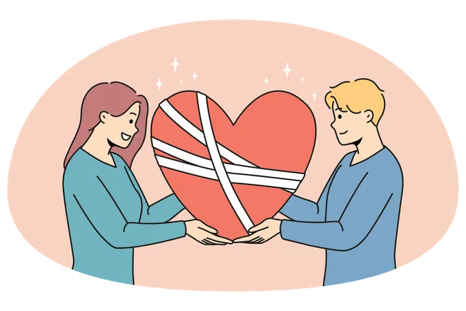 Happy man and woman hold in hands fixed broken heart  Illustration