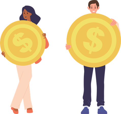 Happy man and woman holding golden dollar coin of earning money  Illustration