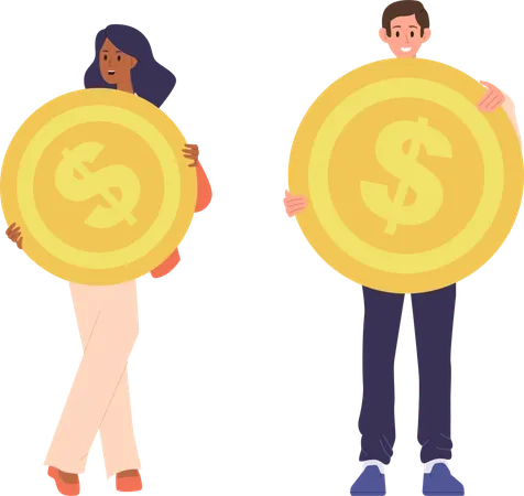Happy man and woman holding golden dollar coin of earning money  Illustration