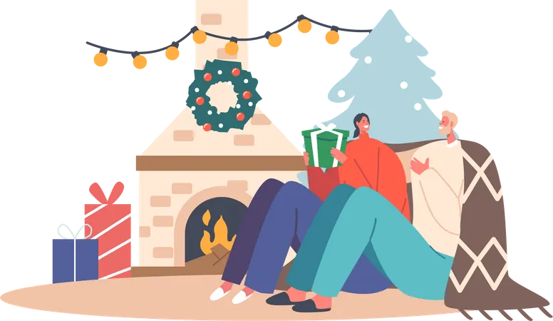 Happy  Man and Woman in Warm Cozy Sweaters and Plaid Sitting at Room with Fireplace Exchange Gifts for Christmas  Illustration