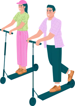 Happy Man And Woman Riding Electric Scooters Flat Color Vector Detailed Characters Couple Dating Spring Outdoor Activity Isolated Cartoon Illustration For Web Graphic Design And Animation Illustration