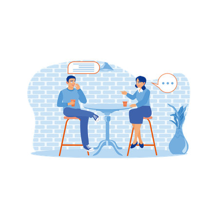 Happy man and woman sitting at a cafe table  Illustration