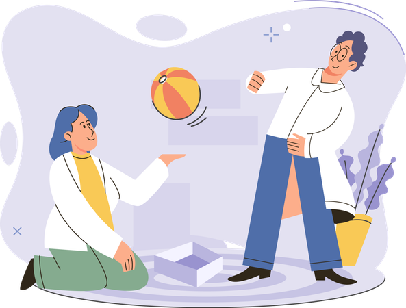 Happy man and woman throw ball to each other  Illustration