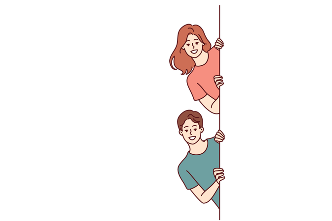Happy man and woman with white banner peeking out recommending to pay attention to good offer  イラスト