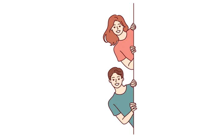Happy man and woman with white banner peeking out recommending to pay attention to good offer  Illustration