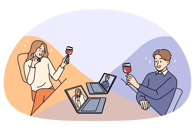 Happy man and woman with wine glasses having online date on computers  Illustration