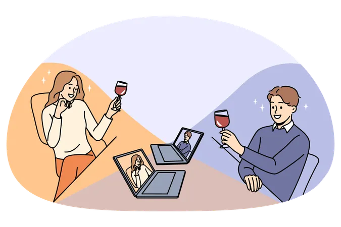 Happy man and woman with wine glasses having online date on computers  Illustration
