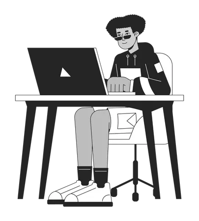 Happy Latin Man At Office Bw Concept Vector Spot Illustration Freelancer Typing On Laptop 2 D Cartoon Flat Line Monochromatic Character For Web UI Design Editable Isolated Outline Hero Image Illustration
