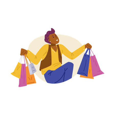 Happy man buyer or shopaholic dancing with shopping bags in hands  Illustration