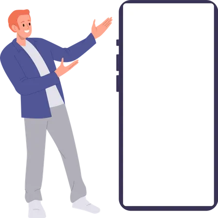 Happy man character pointing with two hands to white screen of huge smartphone for advertisement  Illustration