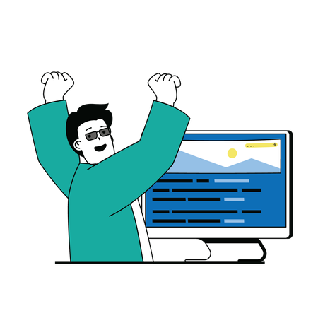 Happy man cheering after developing successful website  Illustration