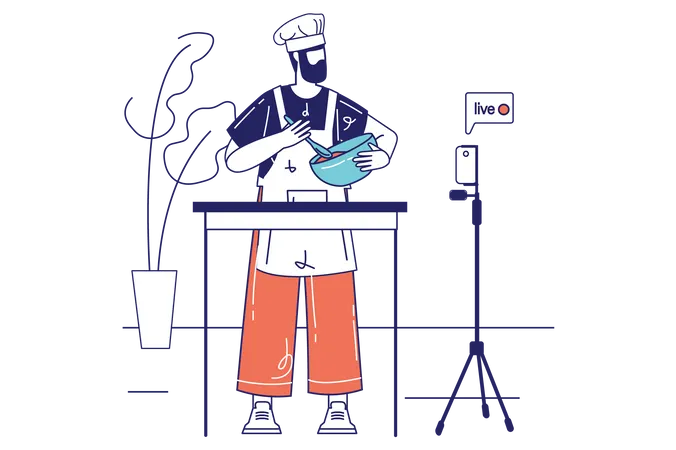 Happy man cooking dishes at kitchen on Video streaming Illustration