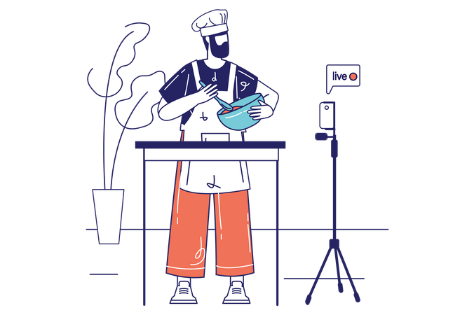 Happy man cooking dishes at kitchen on Video streaming  Illustration