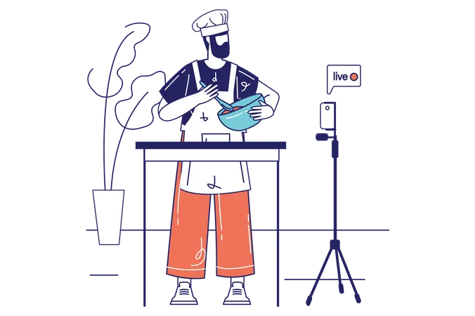 Happy man cooking dishes at kitchen on Video streaming  Illustration