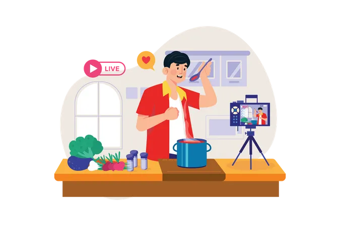 Happy man cooking dishes in the kitchen on a live stream Illustration