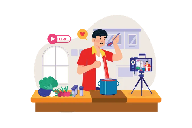 Happy man cooking dishes in the kitchen on a live stream  Illustration