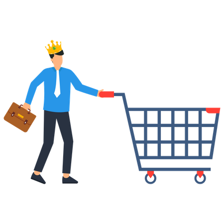 Happy man customer wearing a king crown running with a shopping cart ready to buy a product  イラスト