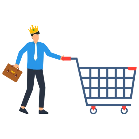 Happy man customer wearing a king crown running with a shopping cart ready to buy a product  Illustration