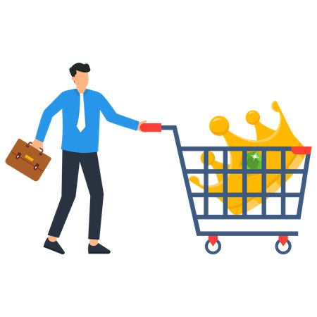 Happy man customer with a crown in shopping cart  イラスト