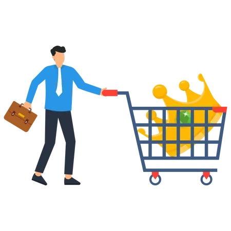Happy man customer with a crown in shopping cart  Illustration