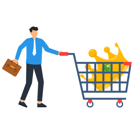 Happy man customer with a crown in shopping cart  Illustration