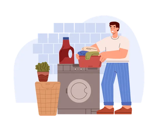 Happy man doing laundry  Illustration