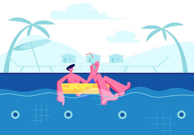 Happy Man Enjoying Cocktail and Floating at Inflatable Ring in Swimming Pool  Illustration