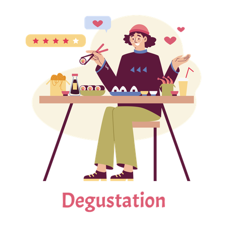 Happy man enjoys food in Japanese restaurant  Illustration