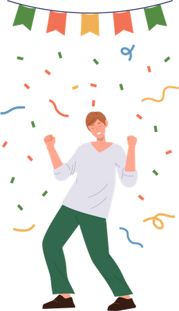 Happy man gesturing yes celebrating success standing under confetti rain  Illustration