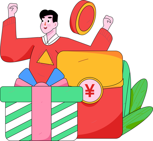 Happy man getting shopping reward gift  Illustration