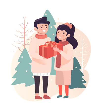 Happy man giving gift to young girl on christmas  Illustration