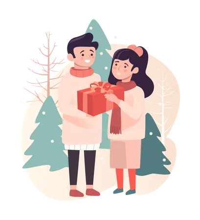Winter Holiday Poster Template In Flat Design Banner Layout To New Year And Christmas With Happy Man Giving Gift To Young Girl Couple Celebrating Event In Forest Together Vector Illustration Illustration