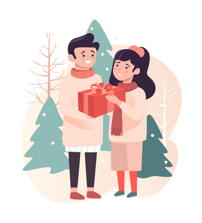 Happy man giving gift to young girl on christmas  Illustration