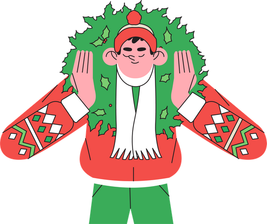 Happy man hold christmas wreath  Illustration