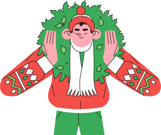 Happy man hold christmas wreath  Illustration