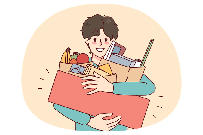 セールで購入した品物の入ったバッグを持っている幸せそうな男性  イラスト